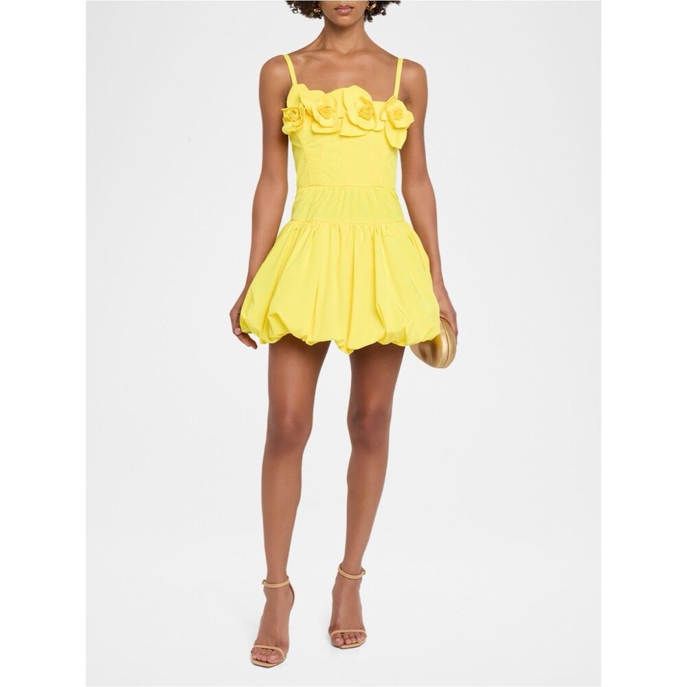 🆕 Aknvas Sunny Yellow Floral-Applique Poplin Mini Party cocktail Dress, US2